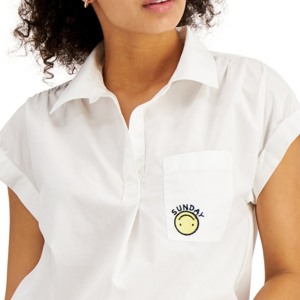 Style & CO Woman's Top Cotton Graphic Camp Shirt White XS